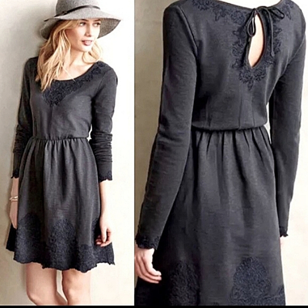 Anthropologie Saturday Sunday "Ellie" grey/blue embroidered long sleeve dress